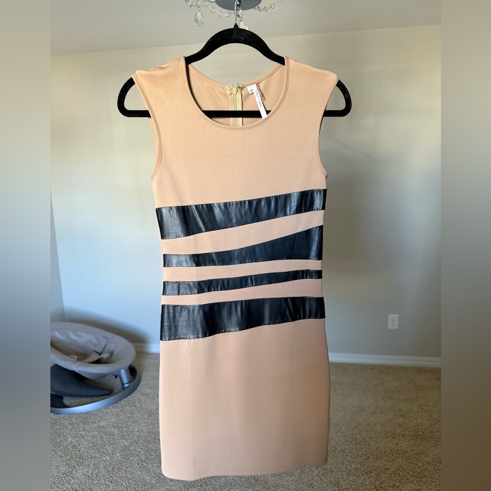 Tan and black pleather body con mini dress